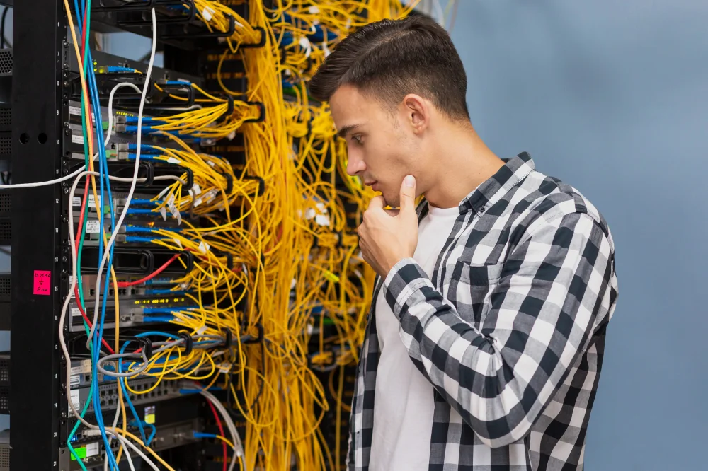 joven ingeniero redes sala servidores plano medio